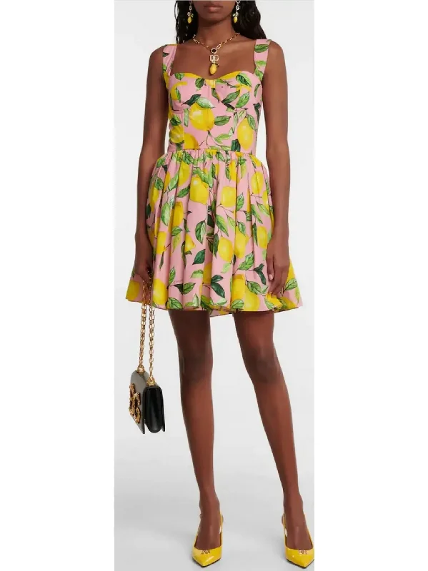 Lemon Printed Mini Dress, Pink Fashionable Button-Front Mini Dress