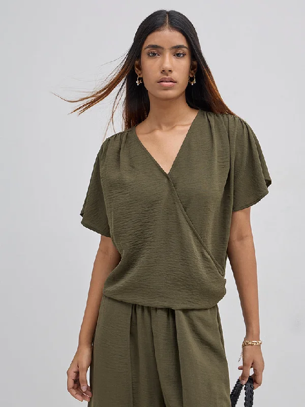 LOV Olive Crinkled Wrap-Style Blouse