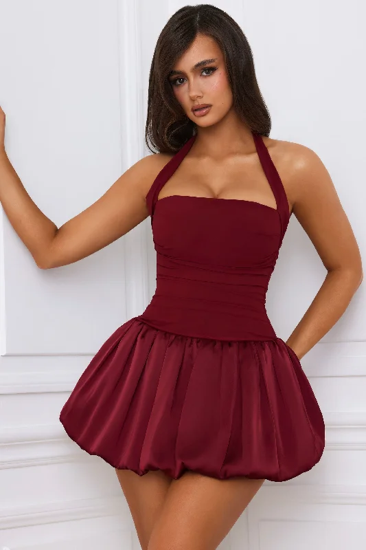 Halterneck Lace-Up Bubble Hem Corset Micro Mini Dress in Berry Red Cozy Ribbed Mini Dress