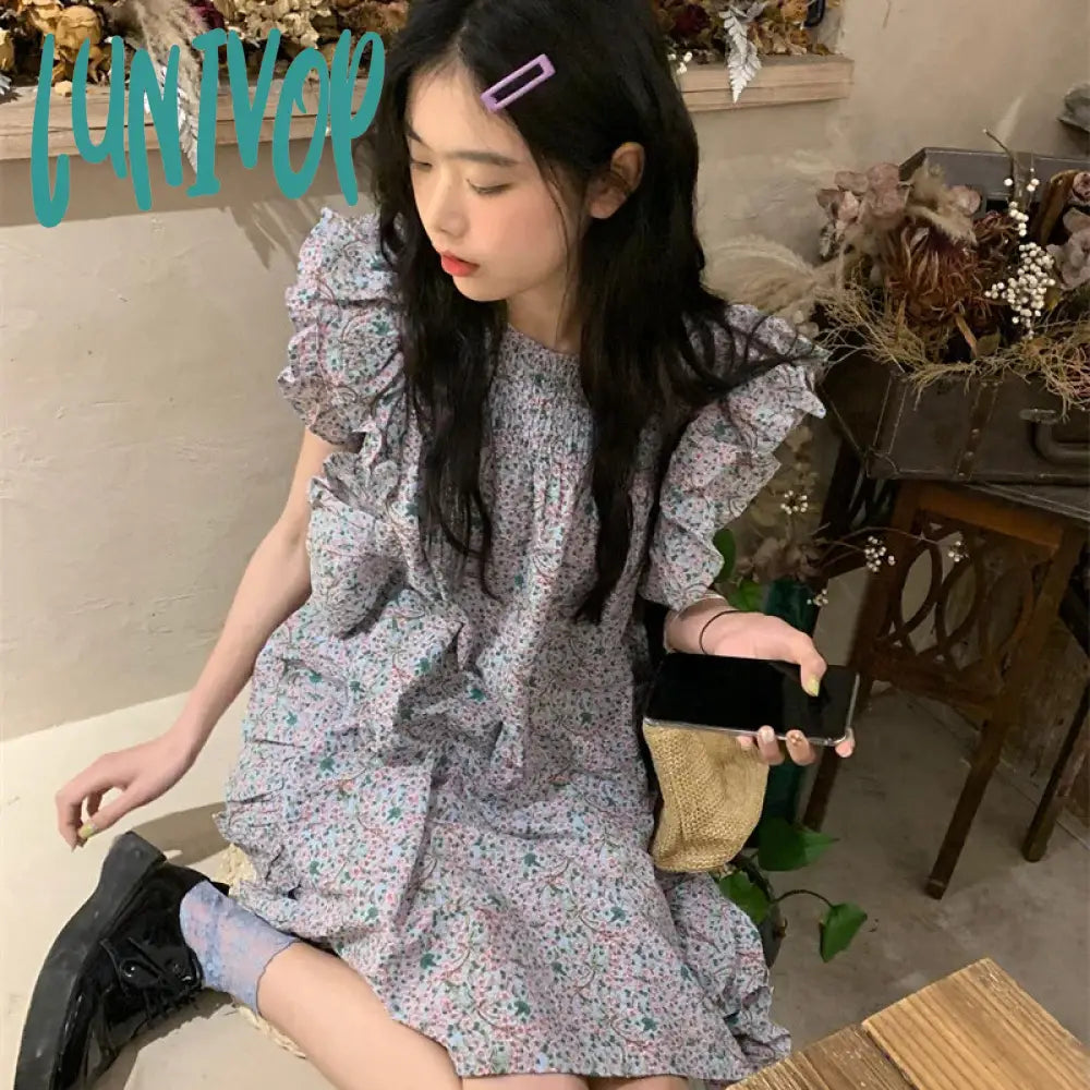 Lunivop Floral Mini Dress Women Sweet Print Flying Sleeve A Line Dresses Summer Korean Streetwear Ruffles Chic Casual Vestidos New Trendy Mesh Mini Dress