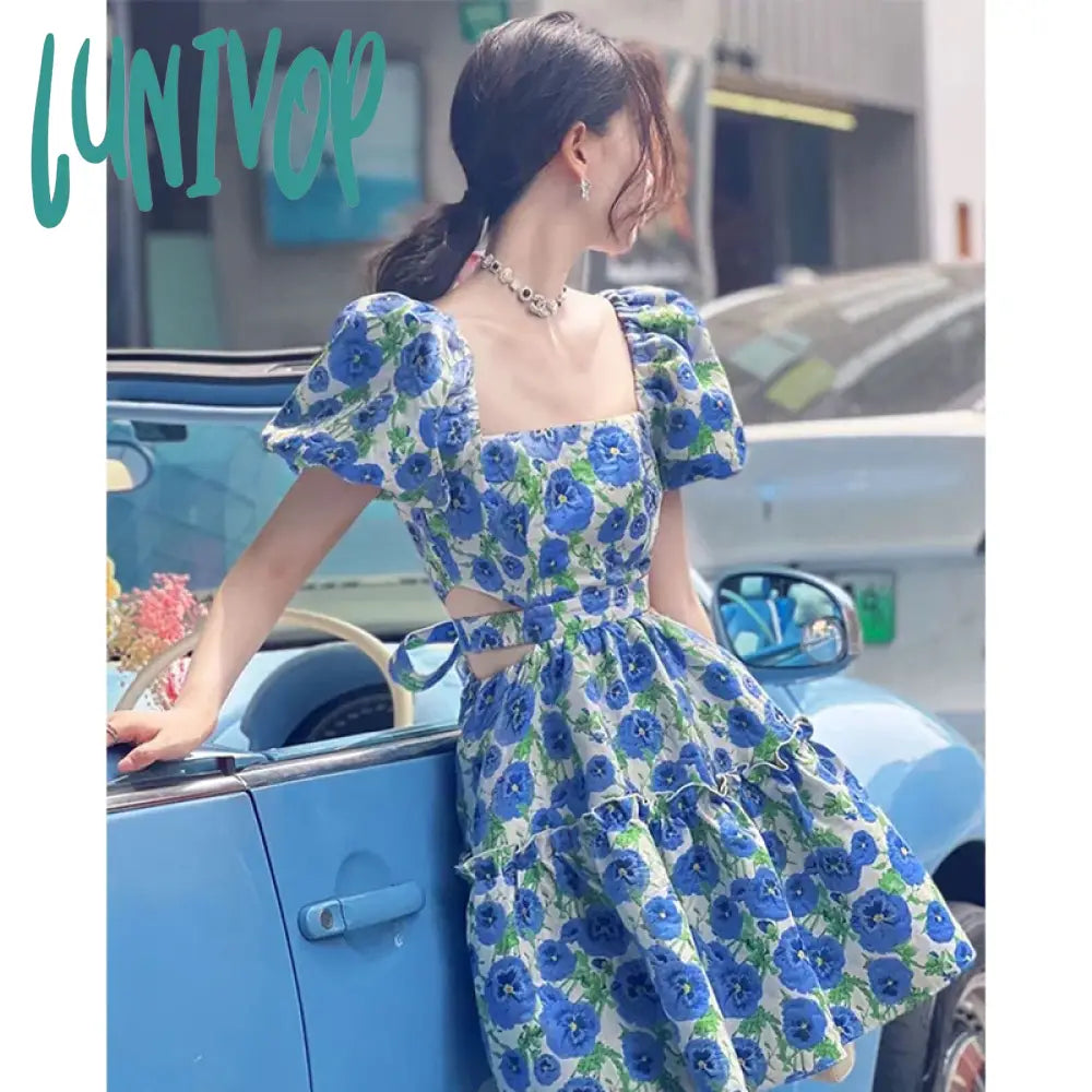 Lunivop Sweet Floral Dress Women Print Hollow Out Bandage Bow A Line Mini Dresses Korean Vintage Square Neck Puff Sleeve Vestidos Casual V-Neck Mini Dress