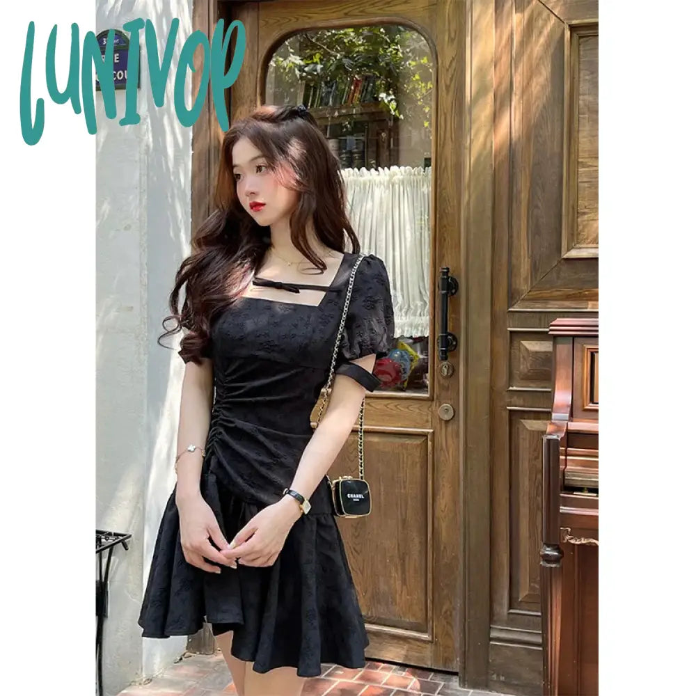 Lunivop Vintage Black Mini Dress Women Y2K Birthday Party Square Collar One Pieces Dresses Korean Puff Sleeve Bodycon Vestidos New Fashionable Mini Dress with Slits