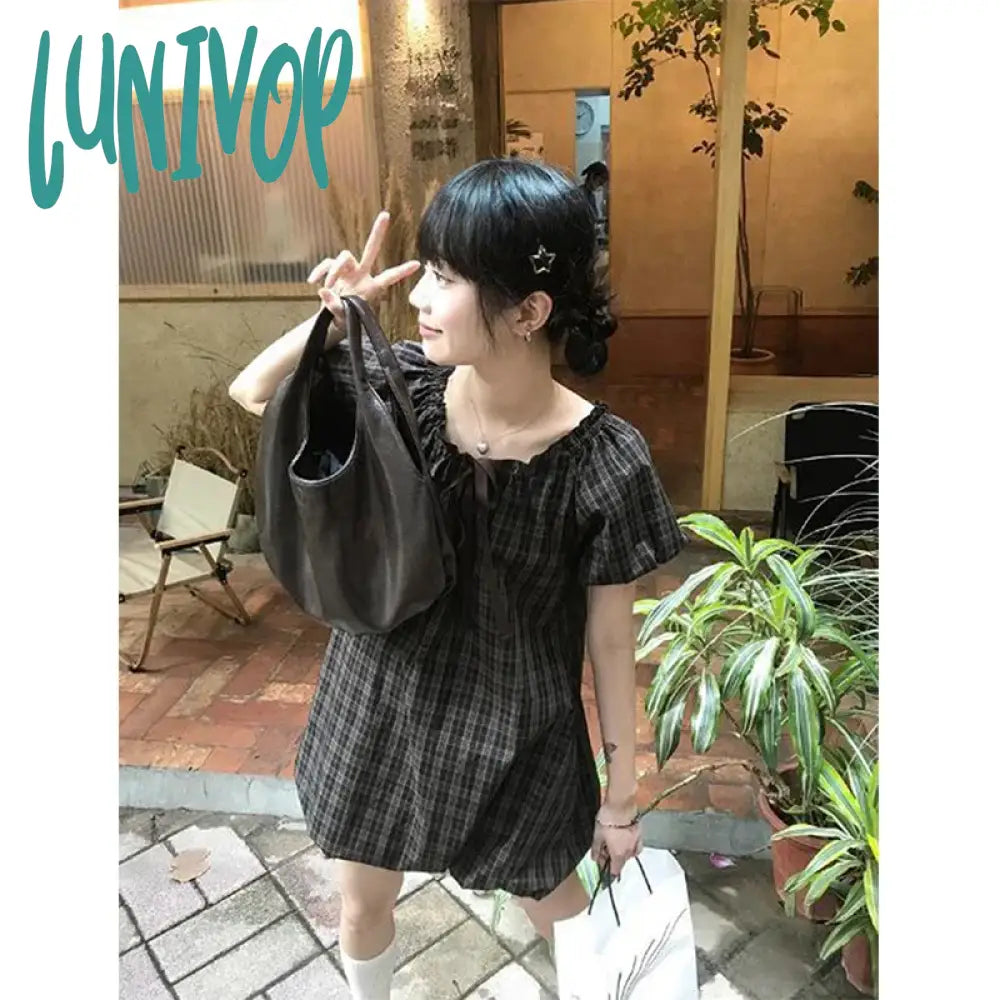 Lunivop Vintage Plaid Mini Dress Women Japanese Kawaii Bow Bandage One Pieces Dresses Summer Puff Short Sleeve A Line Vestidos New Chic Sleeveless Mini Dress