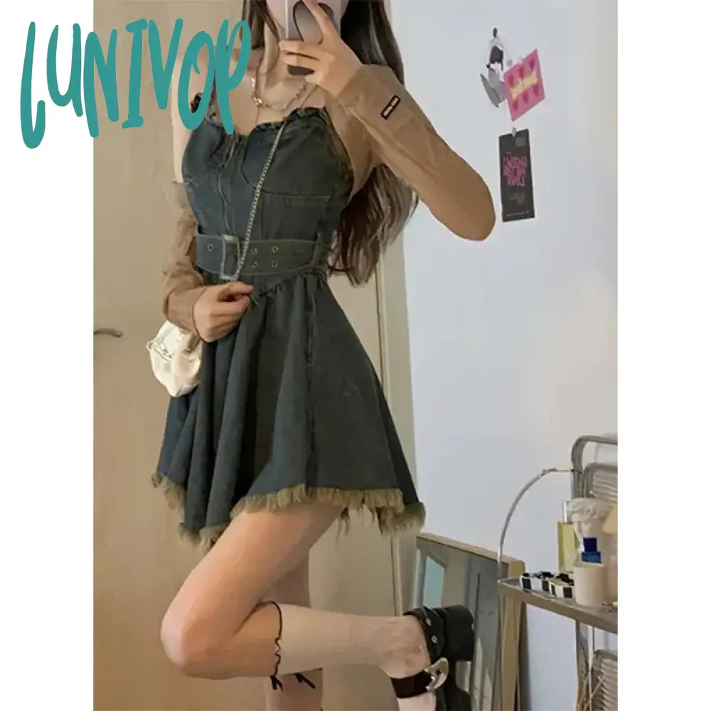 Lunivop Y2K Belt Denim Mini Dress Women Vintage Irregular Tassel Spaghetti Strap Jeans Dresses Streetwear A Line Tunic Vestidos Trendy Wraparound Mini Dress