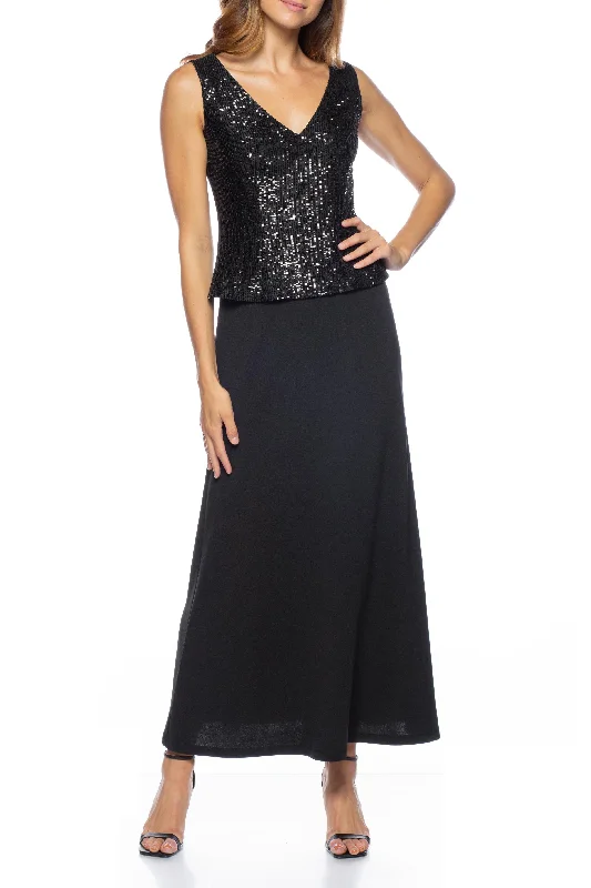 v-neck sleeveless sequined crape gown with open front long sleeve jacket