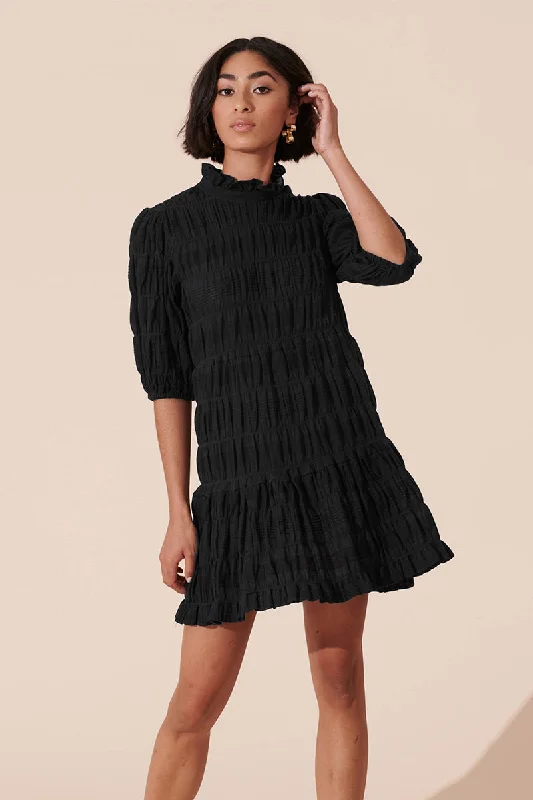 Mirella Puff Sleeve Mini Dress in Black Cozy Knit Mini Dress