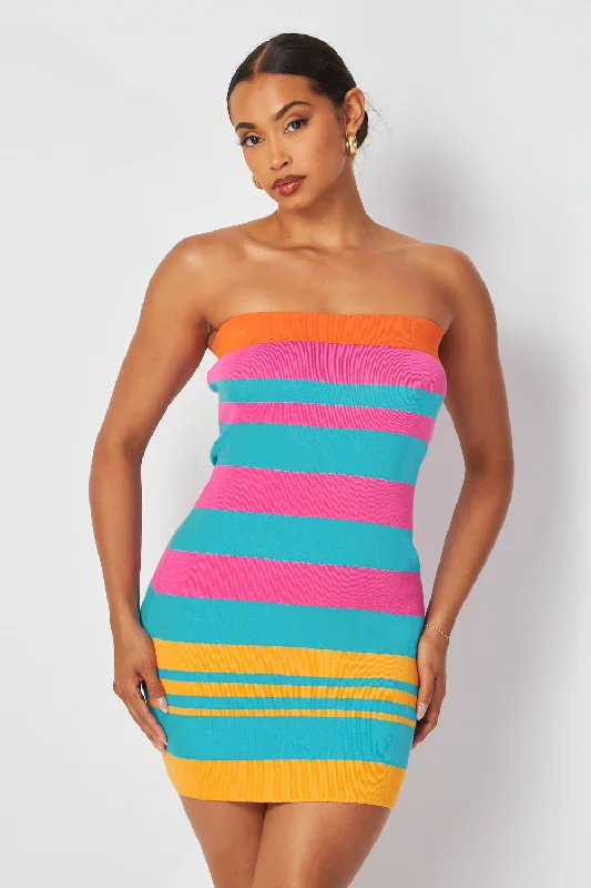 At Sunset Multi-Color Striped Strapless Mini Dress Fashionable Summer Mini Dress