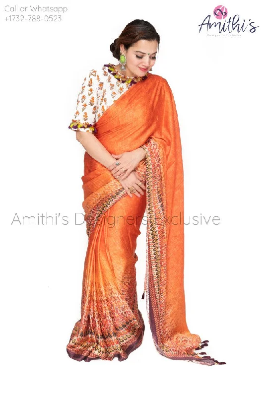 Orange Crape Saree With Kalamkari Work Blouse