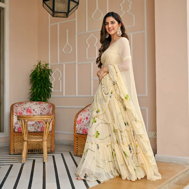 Bunaai Pearled Ivory Draped Saree with Blouse