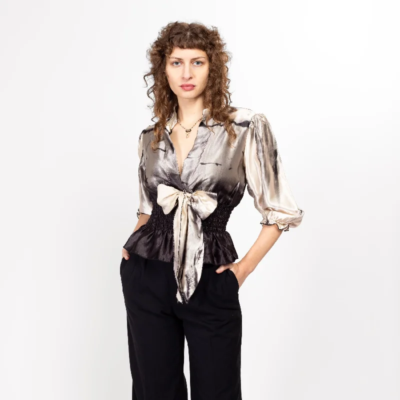 Sm-Med 90s Black & White Tie Dye Satin Balloon Sleeve Blouse