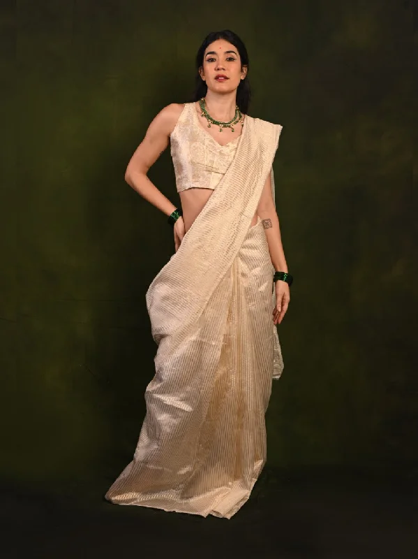 Soft Organza Saree with Golden Zari Stripes and Brocade Jacquard Blouse D896