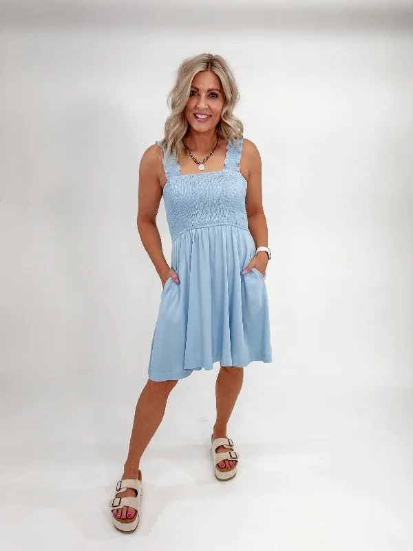 Suzette Smocked Mini Dress, Light Denim Elegant Velvet Mini Dress