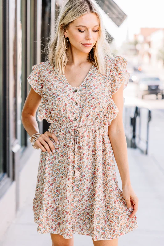 Feel The Vibes Natural White Ditsy Floral Mini Dress Trendy Cut-Out Mini Dress