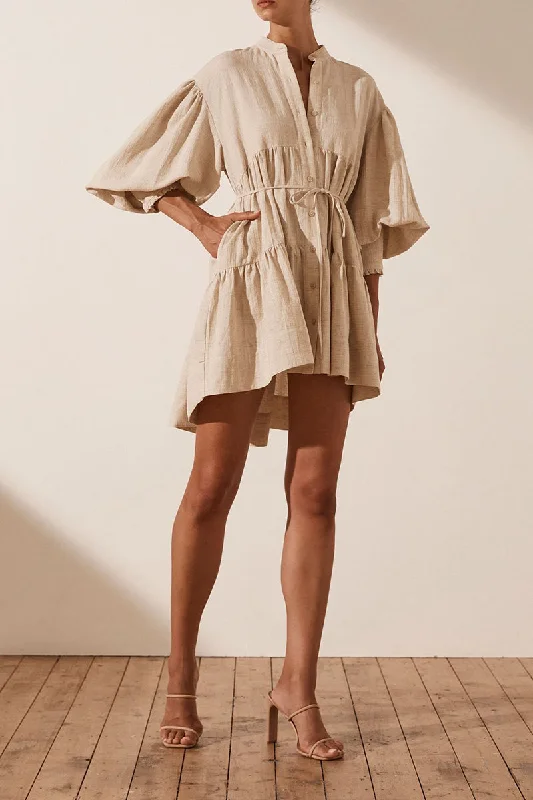 Tilda Linen Tiered Mini Dress in Oatmeal Comfortable Ruffle Mini Dress