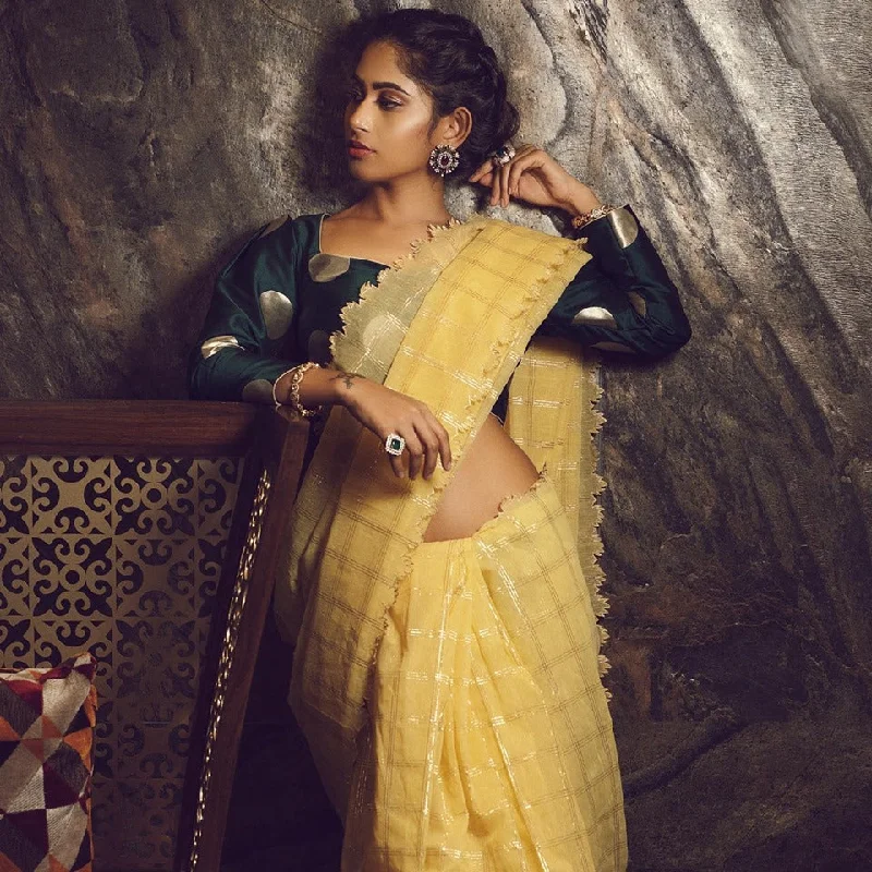 Yellow Check Saree With Bottle Green Banaras Silk Blouse