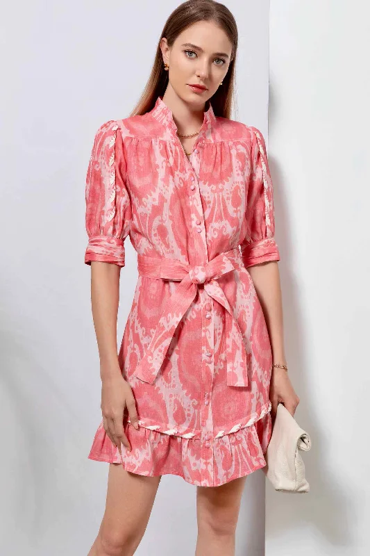 Ada Linen Mini Dress - Pink Elegant Mini Dress with Ruffles