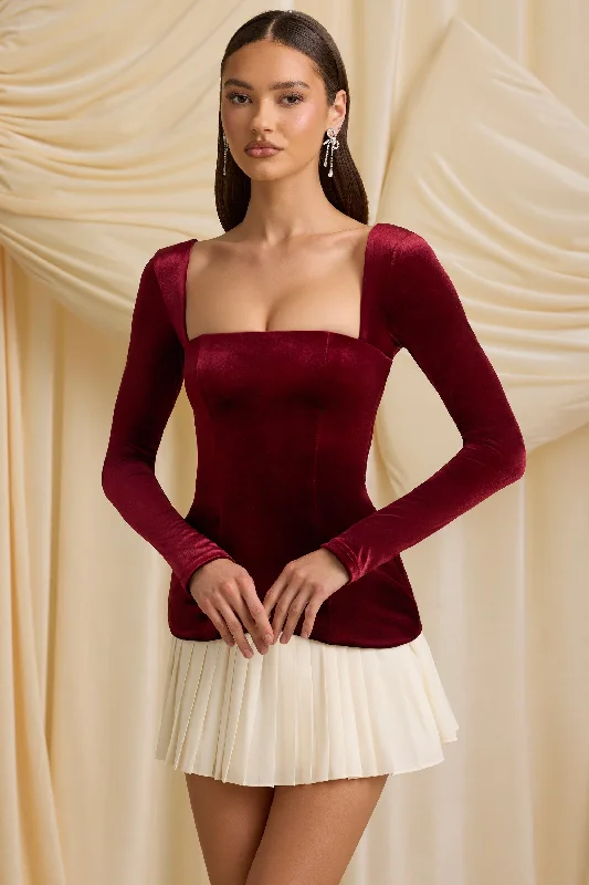 Layered Pleated Corset Mini Dress in Wine Red Elegant Sequin Mini Dress