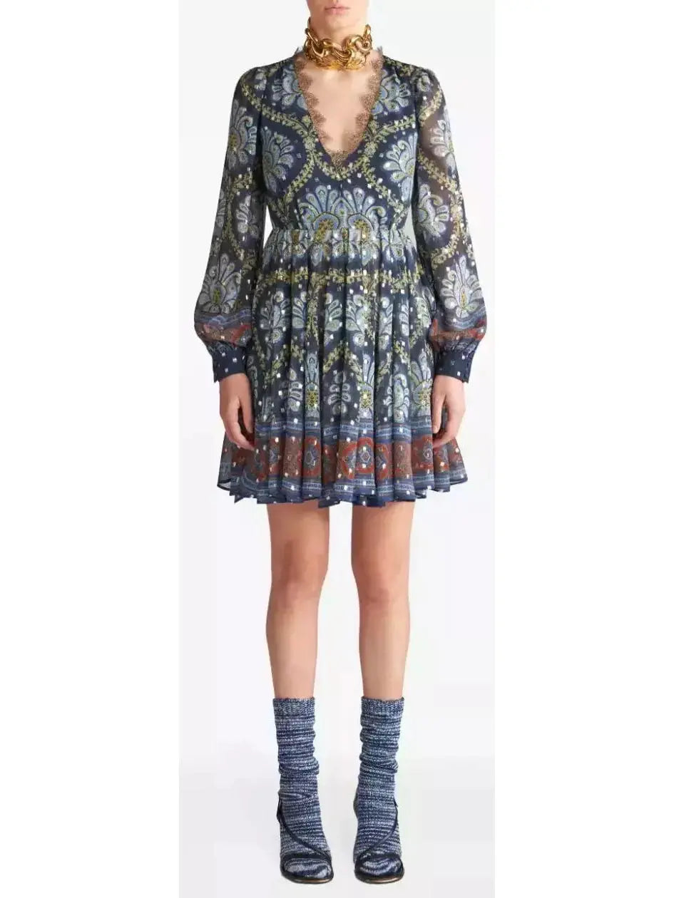 Floral-Print Lace-Trim Mini Dress Comfortable Boho Mini Dress