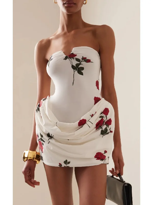 Rose Print Strapless Draped Hip Mini Dress in White Cozy Ribbed Mini Dress