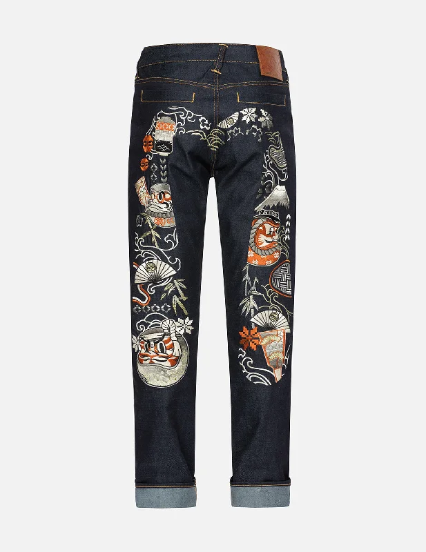 Kumadori Daruma Daicock Embroidery Carrot Fit Denim Jeans #2017