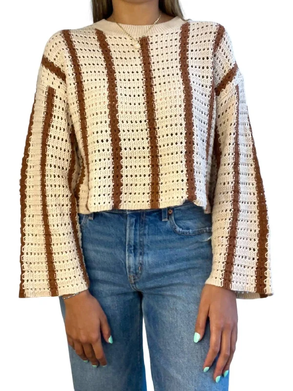 Open Knit Stripe Sweater In Tan/cream