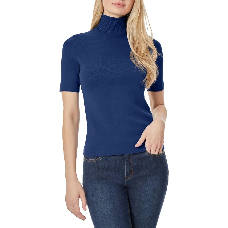 Womens Short Sleeve Ribbed Trim Mock Turtleneck Sweater