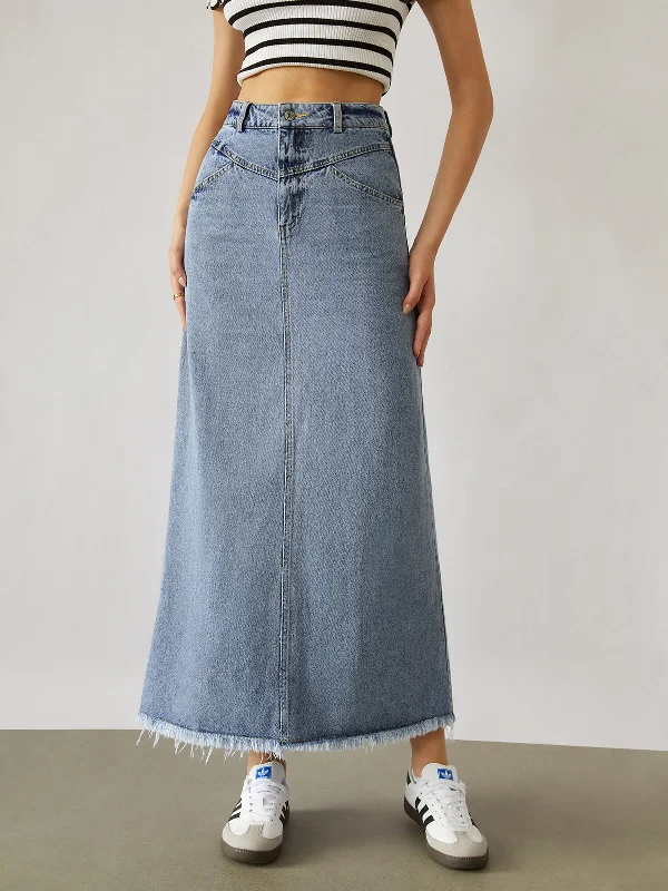 BerryBetty - Denim Raw Hem Maxi Skirt