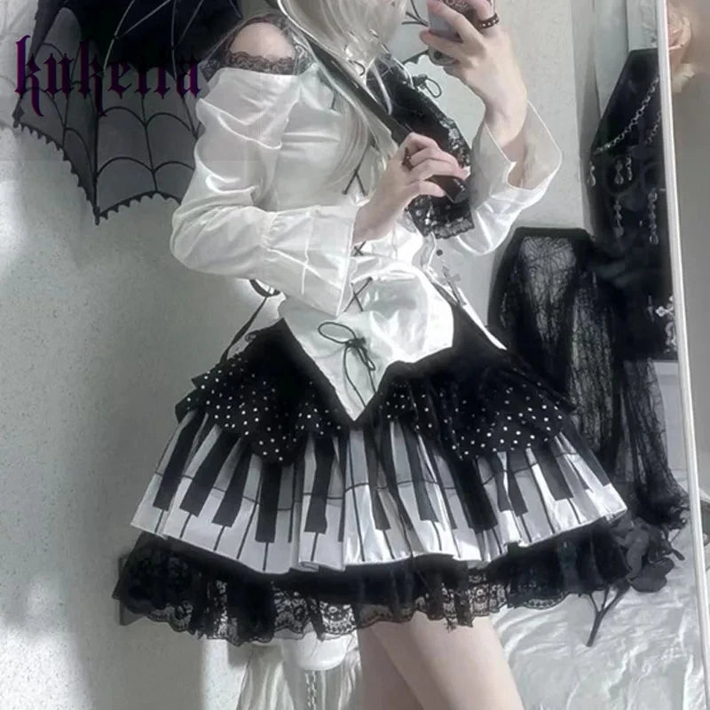 Harajuku Y2k Piano Key Wave Dot Lace Japanese Gothic Lolita Kawaii Cake Fairy Grunge Y2k Skirt