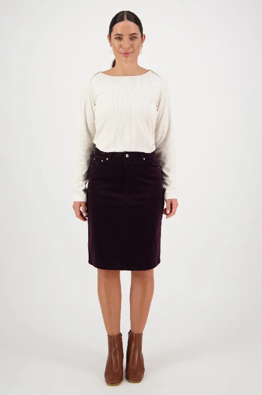 Knee Length Pinwale Skirt - Mulberry