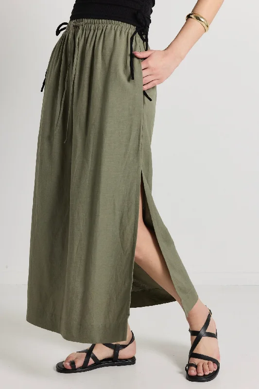 Notion Khaki Linen Blend Side Split Midi Skirt