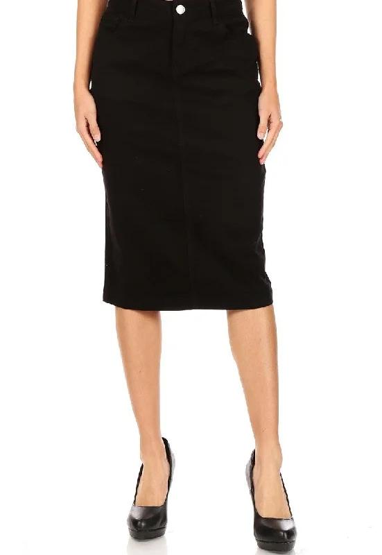 Twill Calf Length Denim Skirt - Black