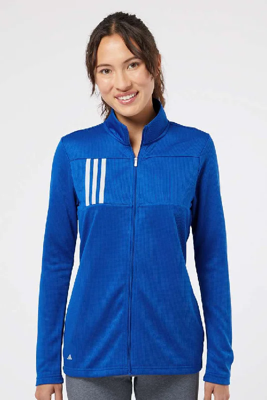 Adidas Womens 3 Stripes Double Knit Moisture Wicking 1/4 Zip Sweatshirt w/ Pockets - Team Royal Blue/Grey