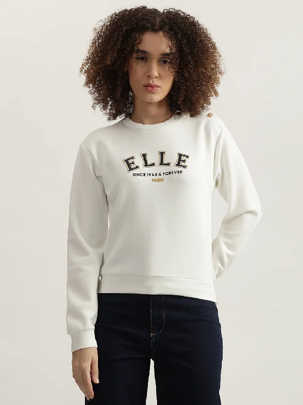 Elle Women White Solid Round Neck Full Sleeves Sweatshirt