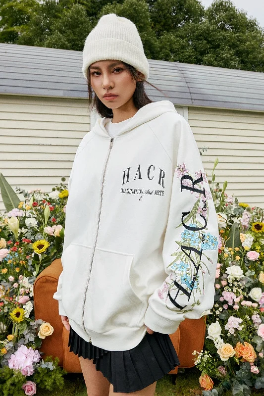 Floral Logo Sleeve Embroidered Zip Up Hoodie