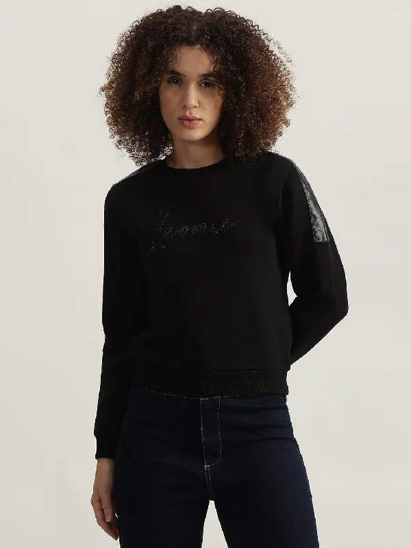 Iconic Women Black Solid Round Neck Full Sleeves Sweatshirt