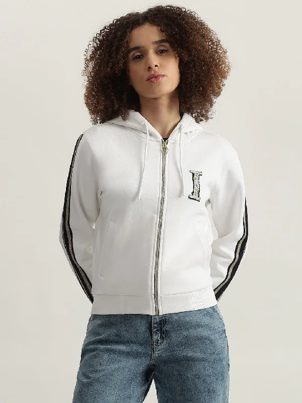 Iconic Women White Solid Hooded Full Sleeves Zip Through Sweatshirt