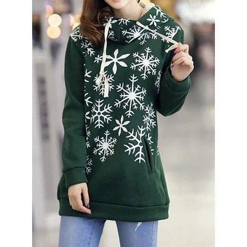 Casual Hooded Long Sleeve Snowflake Pattern Women's Hoodie - Blackish Green M