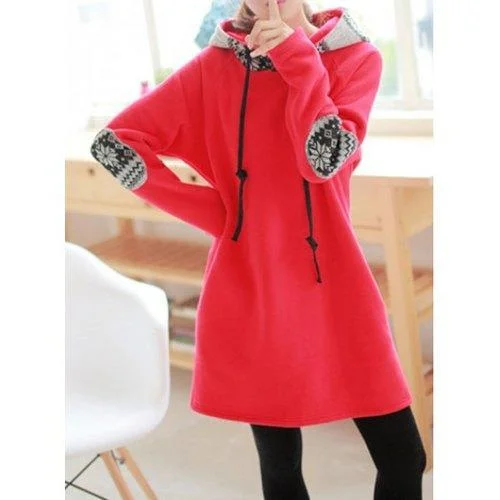 Casual Printed Spliced Loose-Fitting Long Sleeve Women's Hoodie - Red M