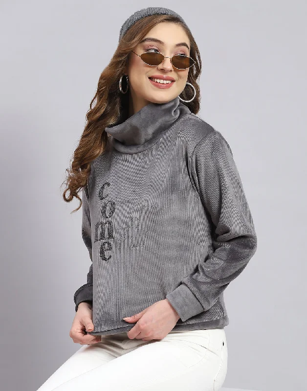 Women Grey Embroidered H Neck Full Sleeve Sweatshirt