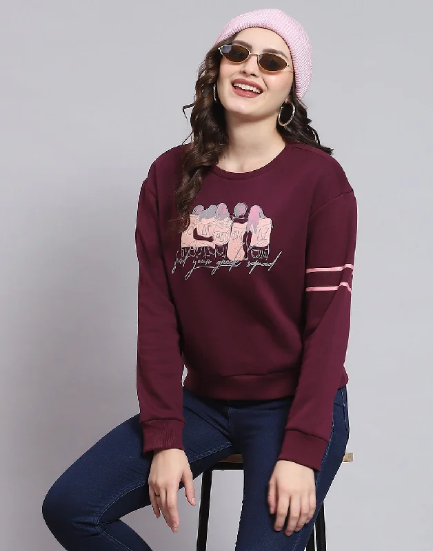 Women Maroon Printed Round Neck Full Sleeve Sweatshirt