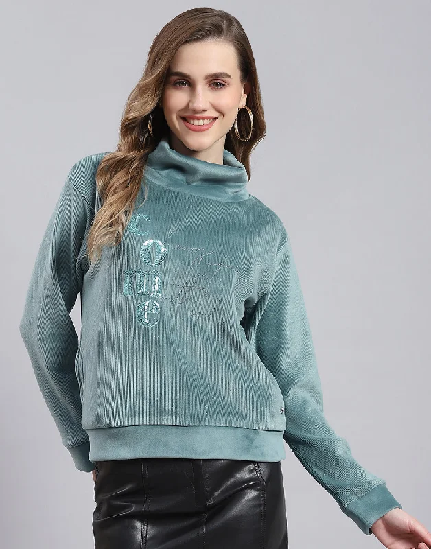 Women Teal Blue Embroidered Round Neck Full Sleeve Sweatshirt